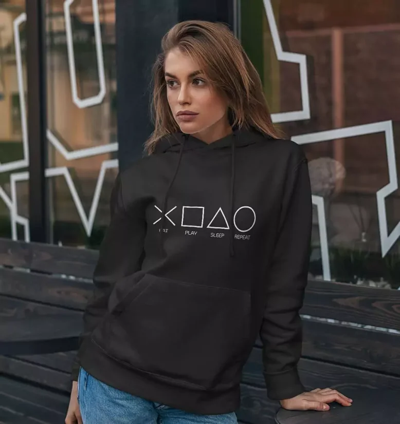 Dámska mikina - Eat Play Sleep Repeat - Farba: Čierna, Veľkosť: XS