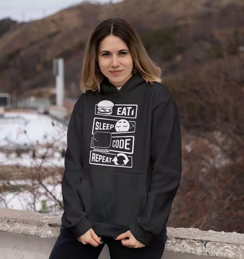Dámska mikina - Eat Sleep Code Repeat - Farba: Čierna, Veľkosť: XS