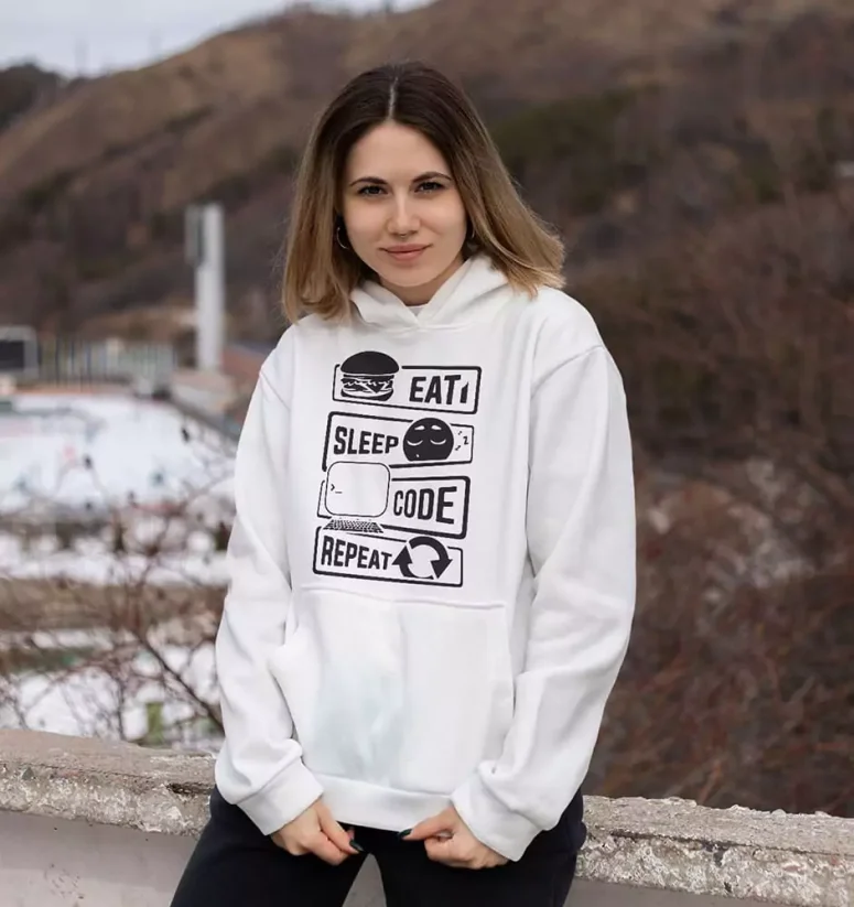Dámska mikina - Eat Sleep Code Repeat - Farba: Biela, Veľkosť: S