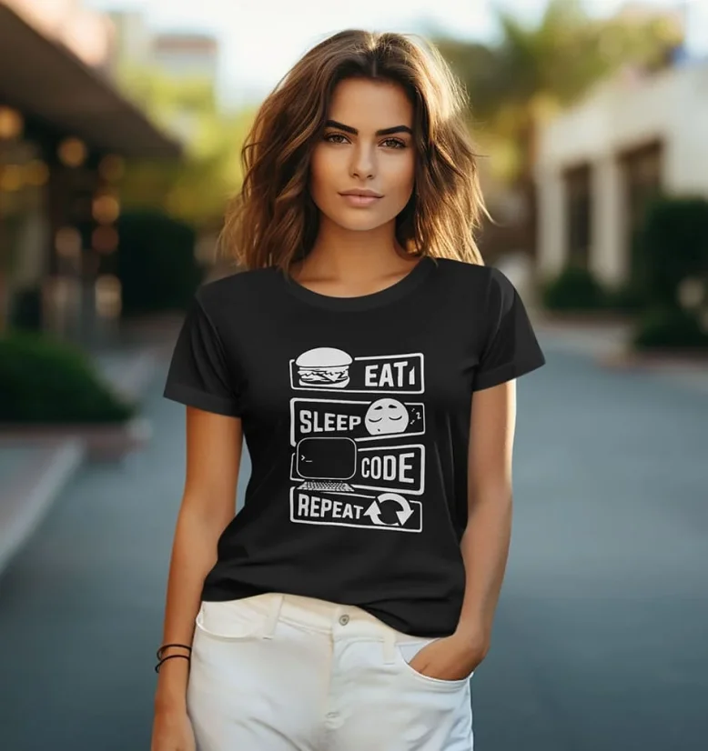 Dámske tričko - Eat, Sleep, Code, Repeat - Farba: Čierna, Veľkosť: L