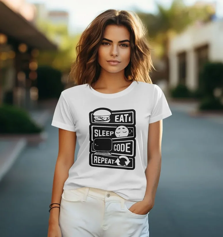 Dámske tričko - Eat, Sleep, Code, Repeat - Farba: Čierna, Veľkosť: M
