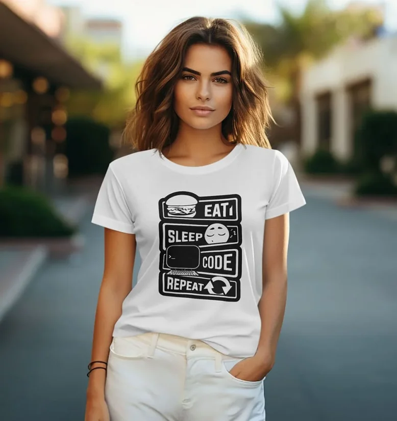 Dámske tričko - Eat, Sleep, Code, Repeat - Farba: Čierna, Veľkosť: L